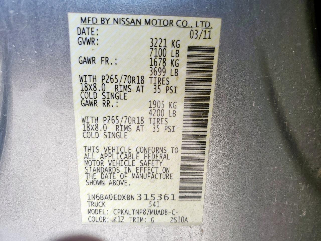 2011 Nissan Titan S VIN: 1N6BA0EDXBN315361 Lot: 61856215