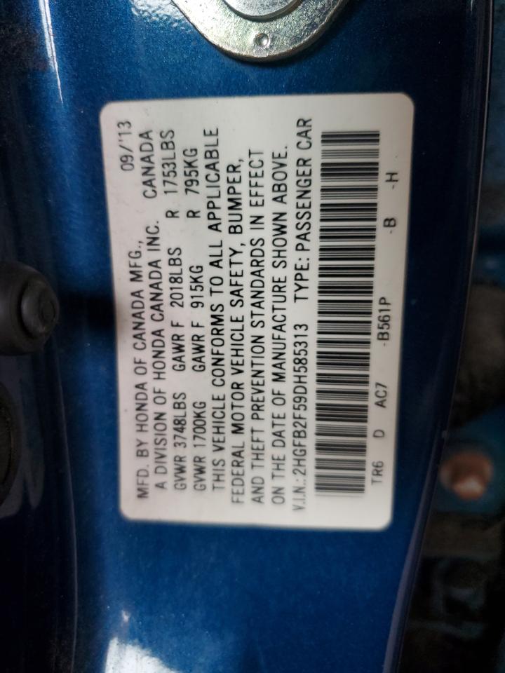 2013 Honda Civic Lx VIN: 2HGFB2F59DH585313 Lot: 60657705