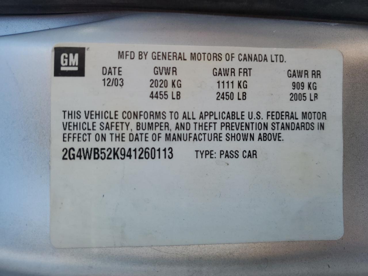 2004 Buick Regal Ls VIN: 2G4WB52K941260113 Lot: 60148625