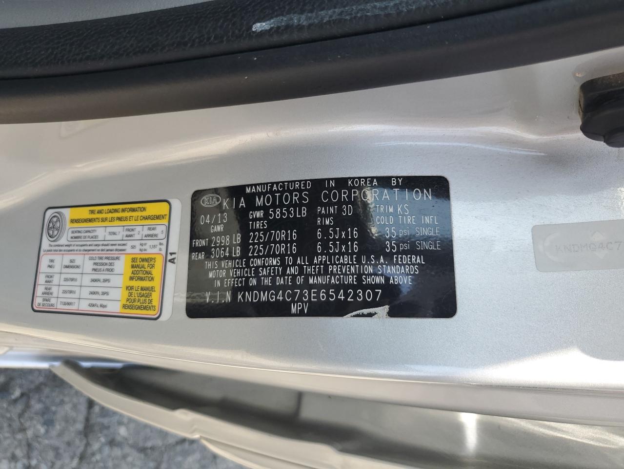 2014 Kia Sedona Lx VIN: KNDMG4C73E6542307 Lot: 60919075