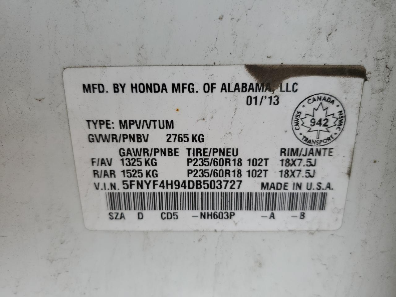HONDA PILOT 2013 VIN 5FNYF4H94DB503727 фото 12