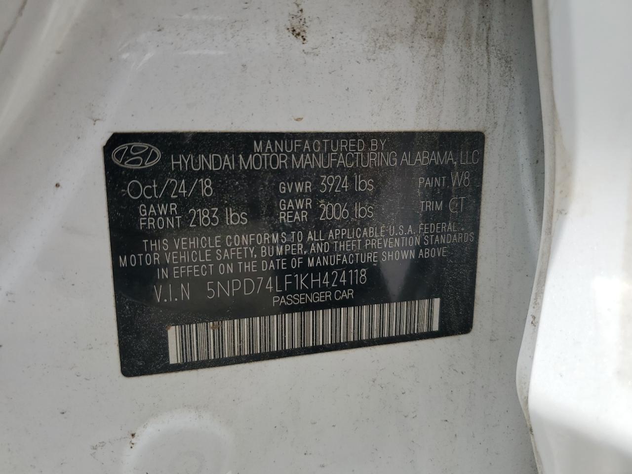 2019 Hyundai Elantra Se VIN: 5NPD74LF1KH424118 Lot: 59943115