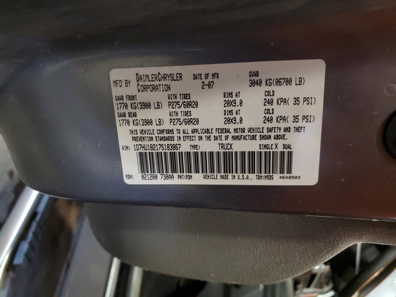 2007 Dodge Ram 1500 St VIN: 1D7HU18217S183867 Lot: 62825995