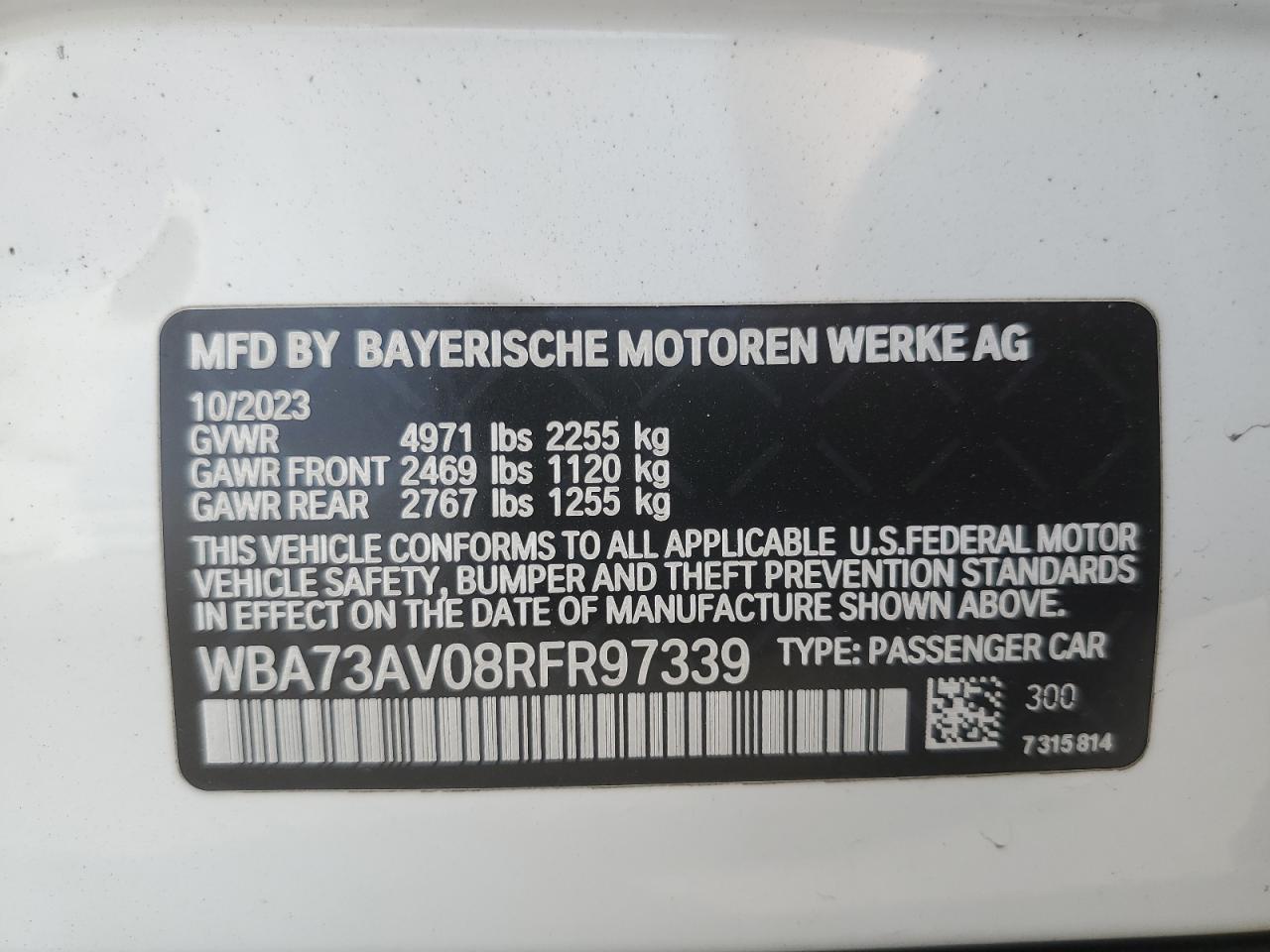 2024 BMW 430Xi Gran Coupe VIN: WBA73AV08RFR97339 Lot: 62152195