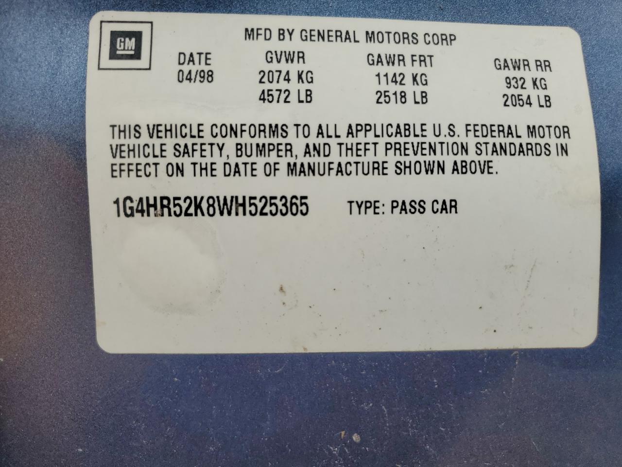 1998 Buick Lesabre Limited VIN: 1G4HR52K8WH525365 Lot: 61104865