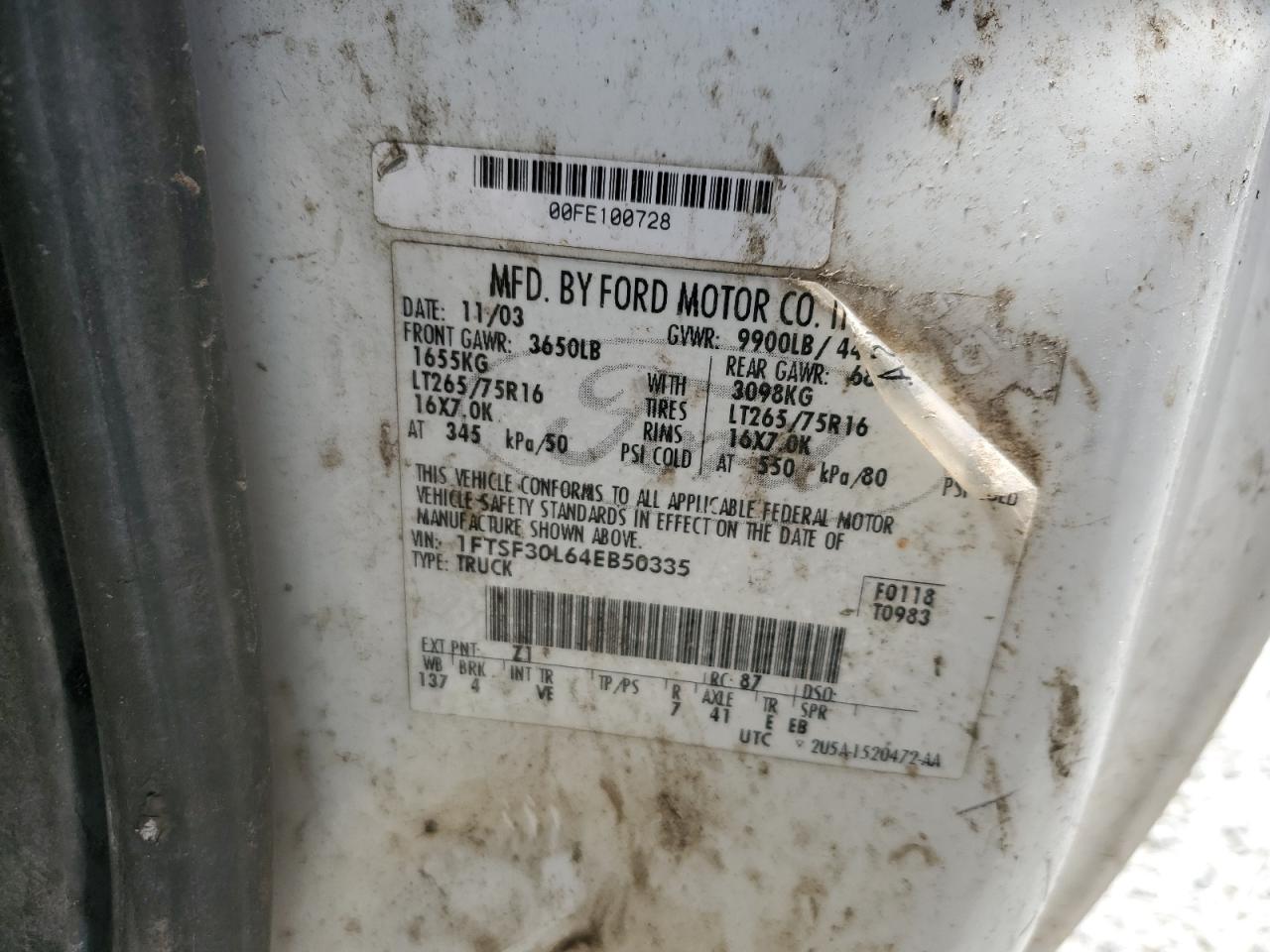 2004 Ford F350 Srw Super Duty VIN: 1FTSF30L64EB50335 Lot: 59473365