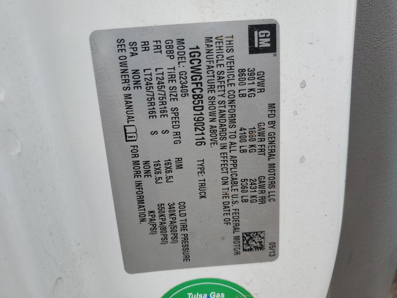 2013 Chevrolet Express G2500 VIN: 1GCWGFCB5D1902116 Lot: 60119545