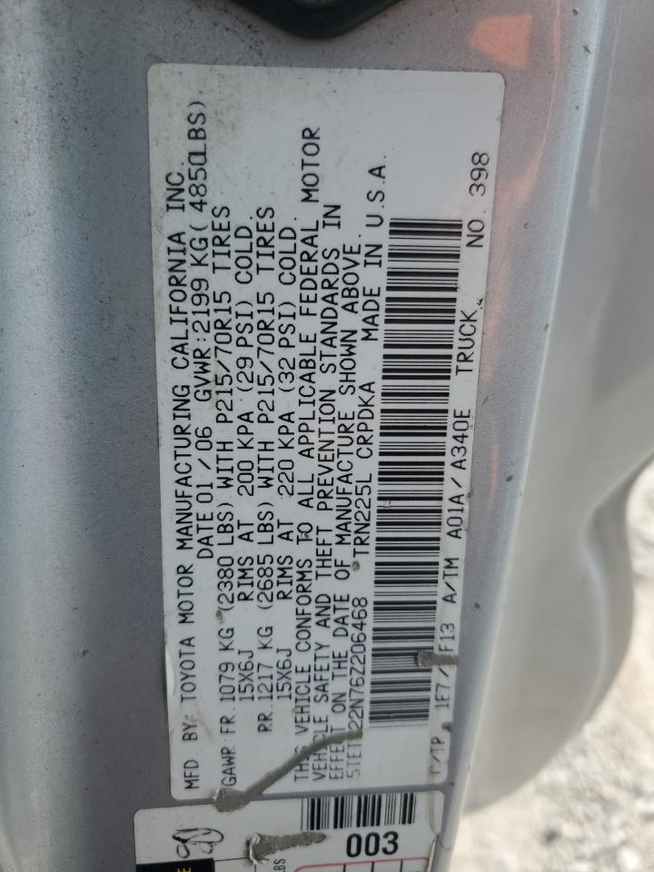2006 Toyota Tacoma Access Cab VIN: 5TETX22N76Z206468 Lot: 60719855
