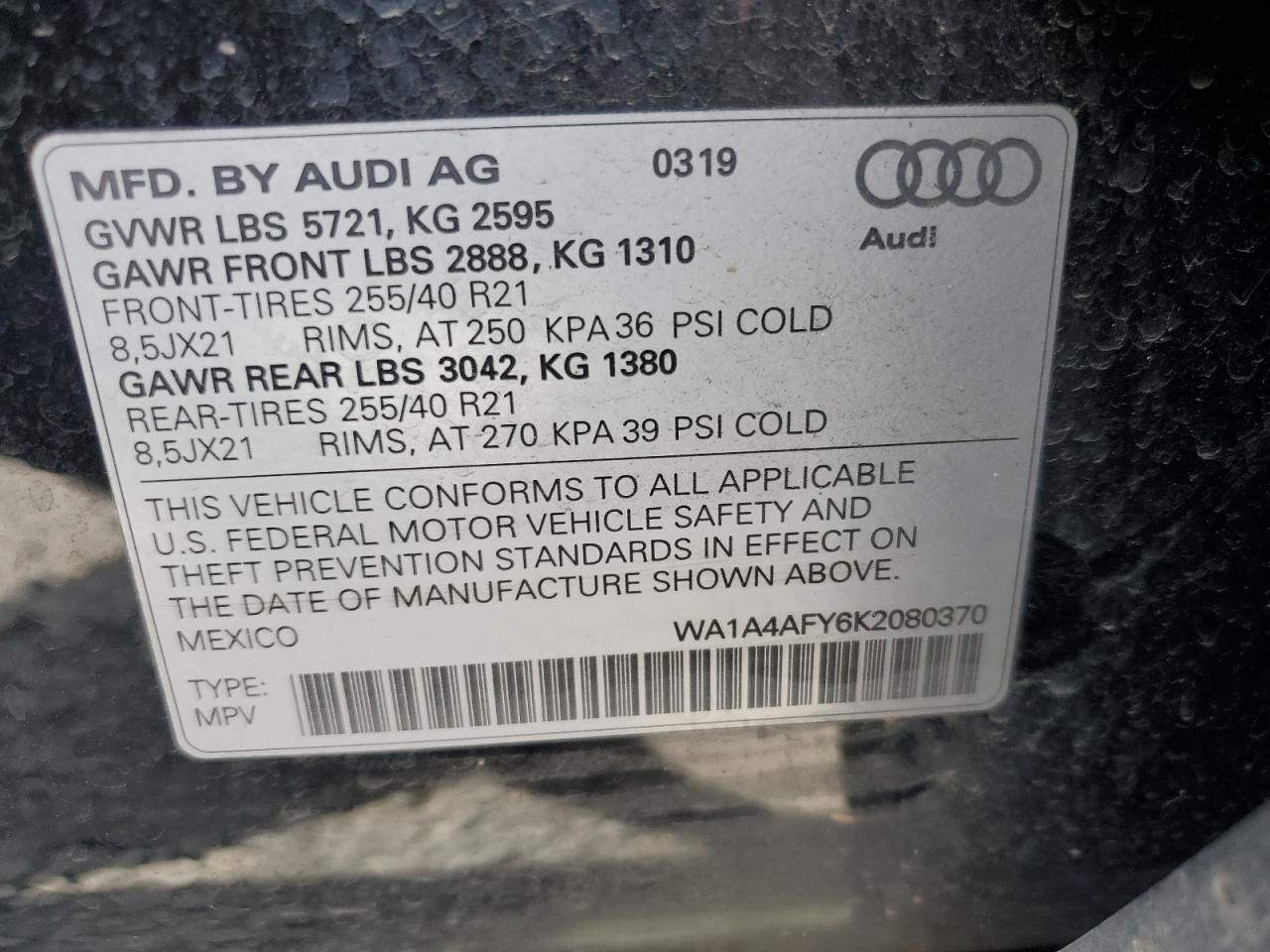2019 Audi Sq5 Premium VIN: WA1A4AFY6K2080370 Lot: 61237555