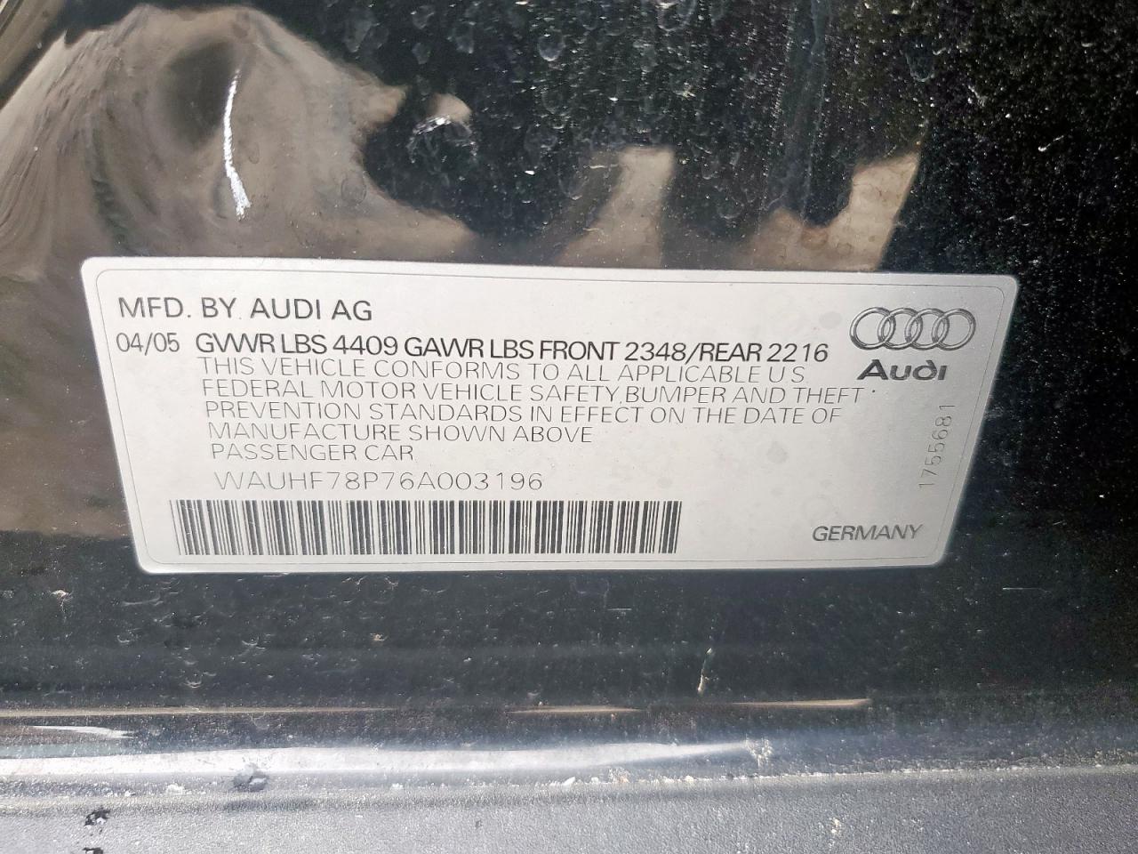 2006 Audi A3 2 VIN: WAUHF78P76A003196 Lot: 62294955