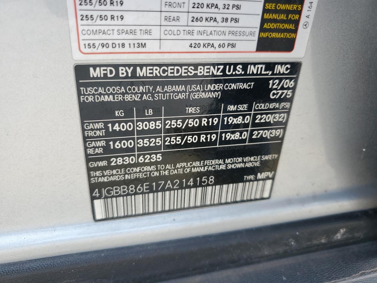 2007 Mercedes-Benz Ml 350 VIN: 4JGBB86E17A214158 Lot: 59856255