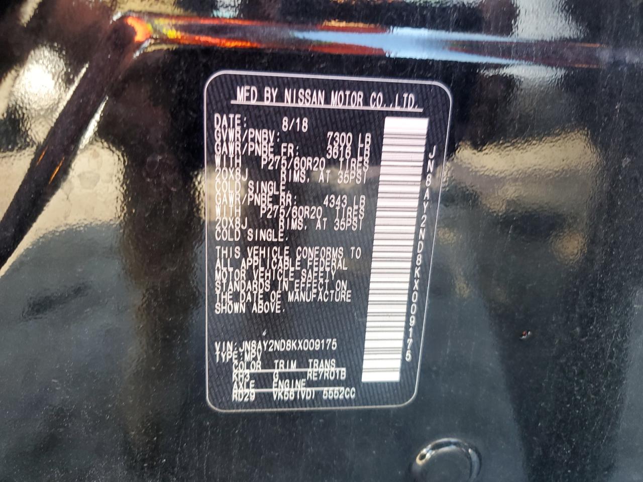 2019 Nissan Armada Sv VIN: JN8AY2ND8KX009175 Lot: 59553865