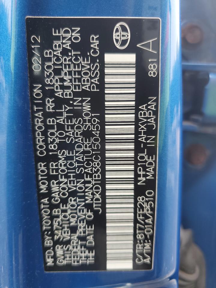 2012 Toyota Prius C VIN: JTDKDTB38C1504591 Lot: 61574055