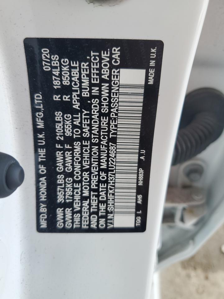 2020 Honda Civic Lx VIN: SHHFK7H37LU224687 Lot: 62820425