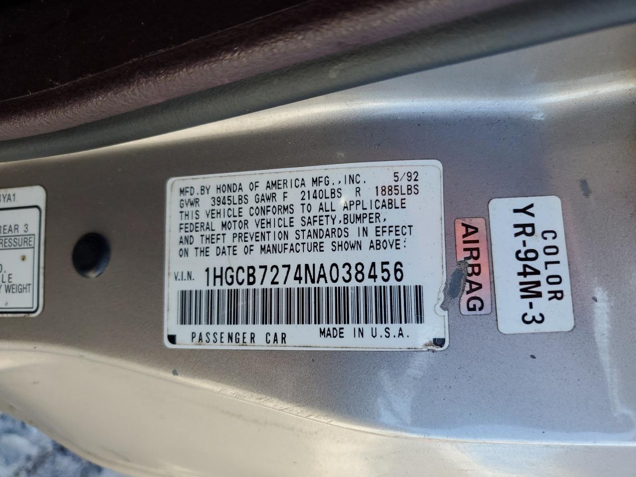 1992 Honda Accord Ex VIN: 1HGCB7274NA038456 Lot: 61042175