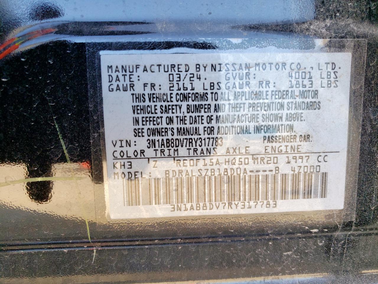 2024 Nissan Sentra Sr VIN: 3N1AB8DV7RY317783 Lot: 63010415