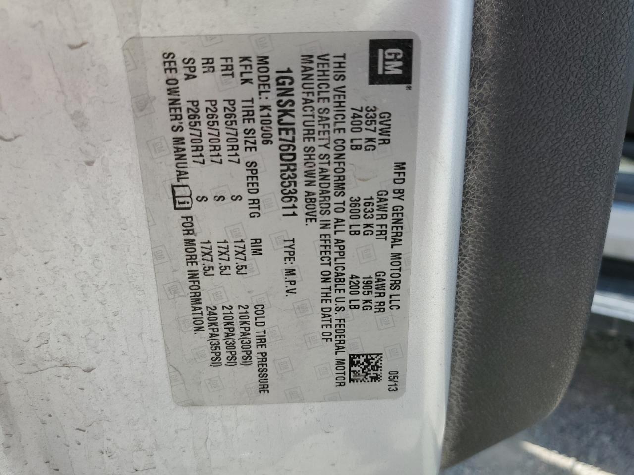 2013 Chevrolet Suburban K1500 Lt VIN: 1GNSKJE76DR353611 Lot: 58845685