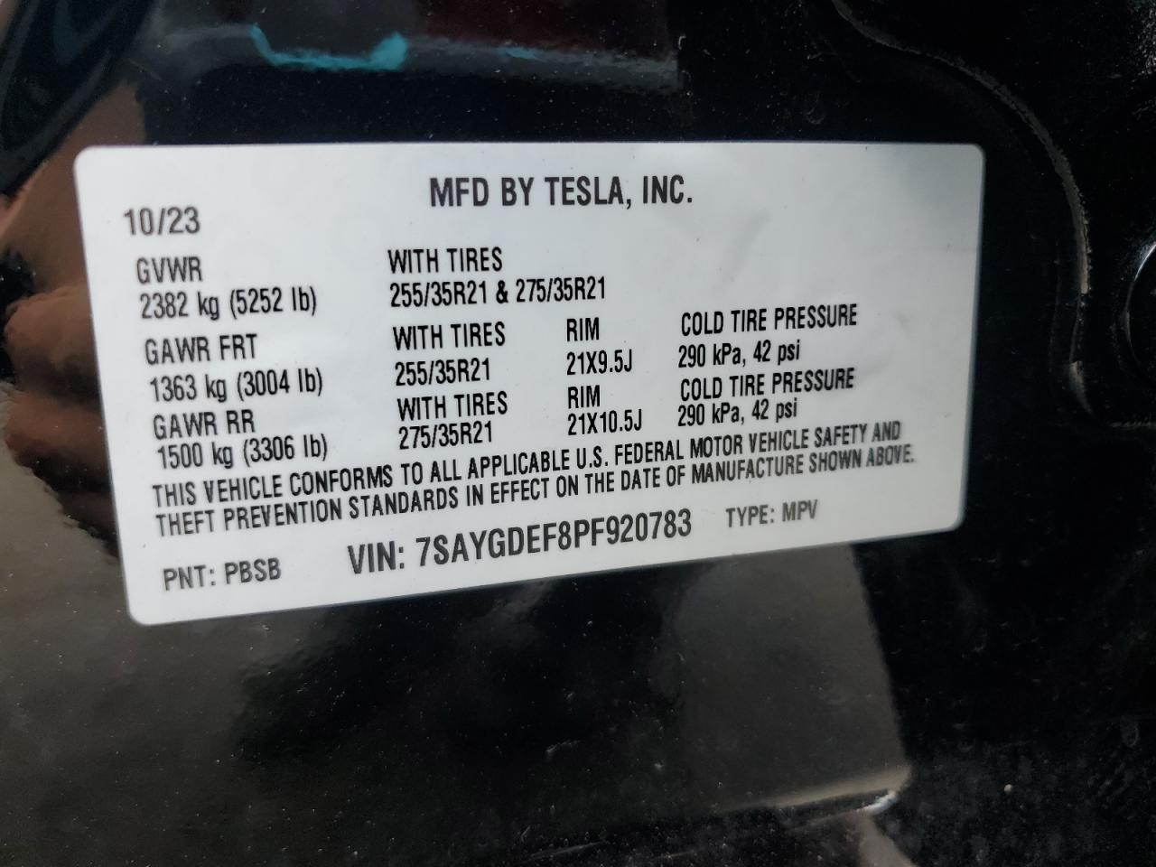 2023 Tesla Model Y VIN: 7SAYGDEF8PF920783 Lot: 63180205
