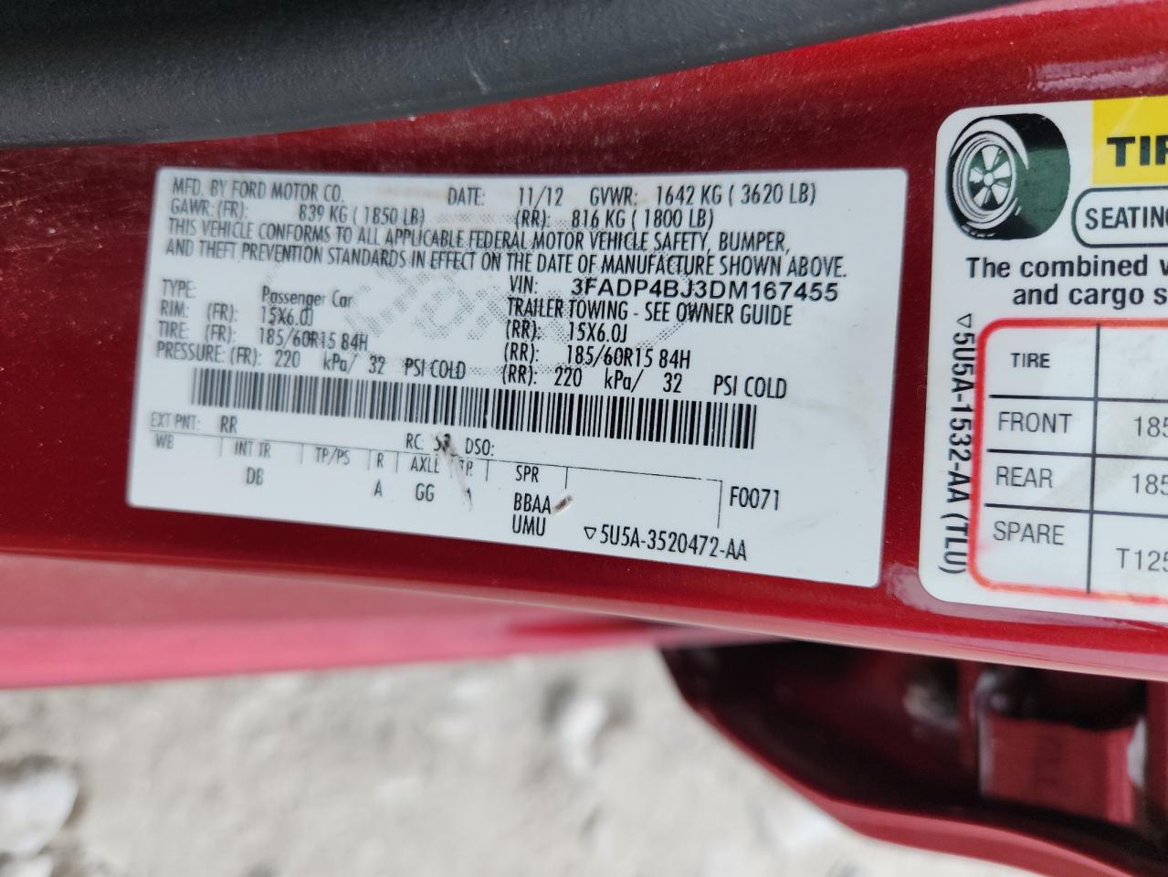 2013 Ford Fiesta Se VIN: 3FADP4BJ3DM167455 Lot: 62475465