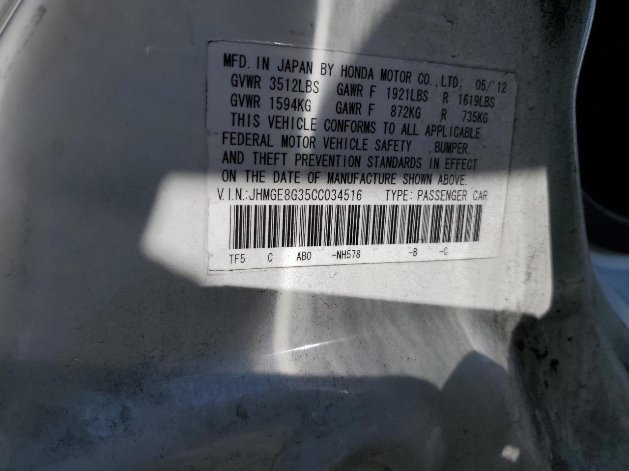 2012 Honda Fit VIN: JHMGE8G35CC034516 Lot: 62781435