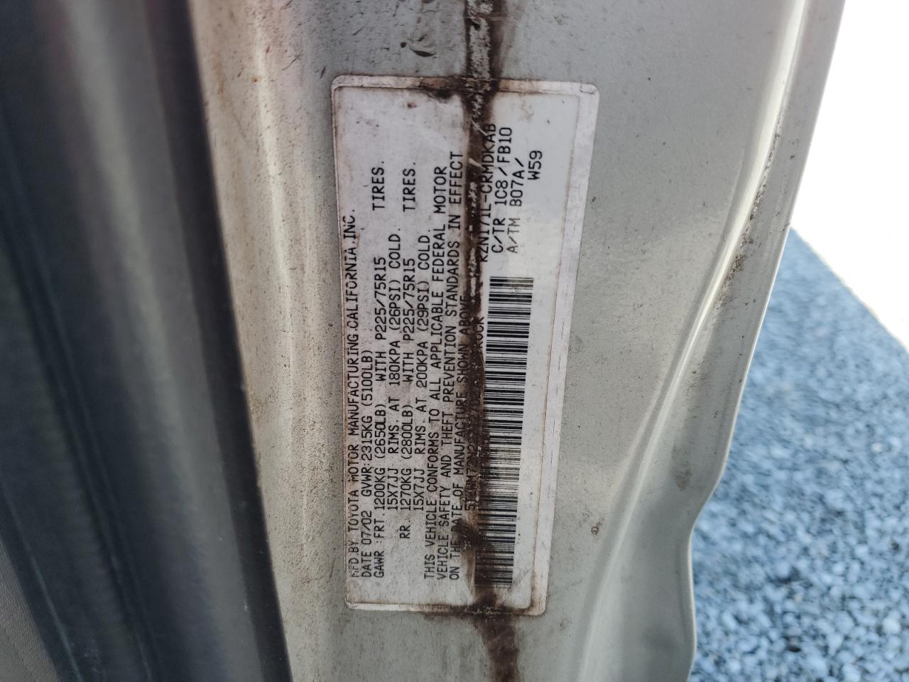 2002 Toyota Tacoma Xtracab VIN: 5TEWM72N22Z127027 Lot: 62862175