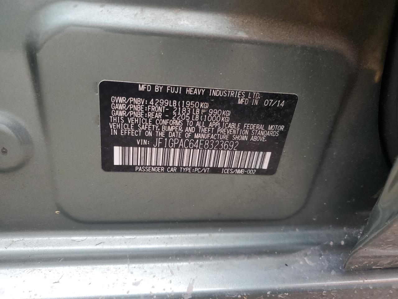 2014 Subaru Impreza Premium VIN: JF1GPAC64E8323692 Lot: 62665695