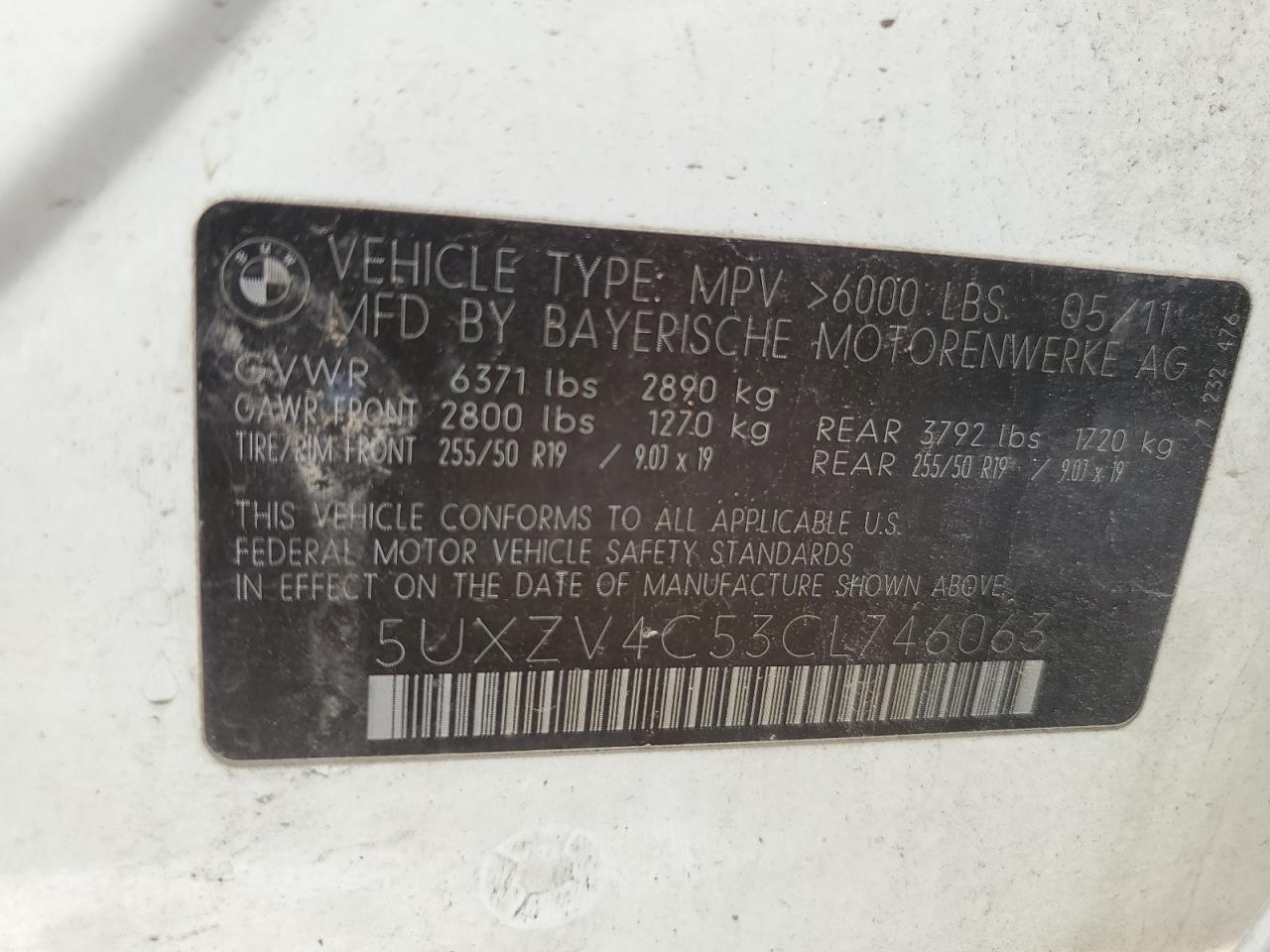 2012 BMW X5 xDrive35I VIN: 5UXZV4C53CL746063 Lot: 62000615