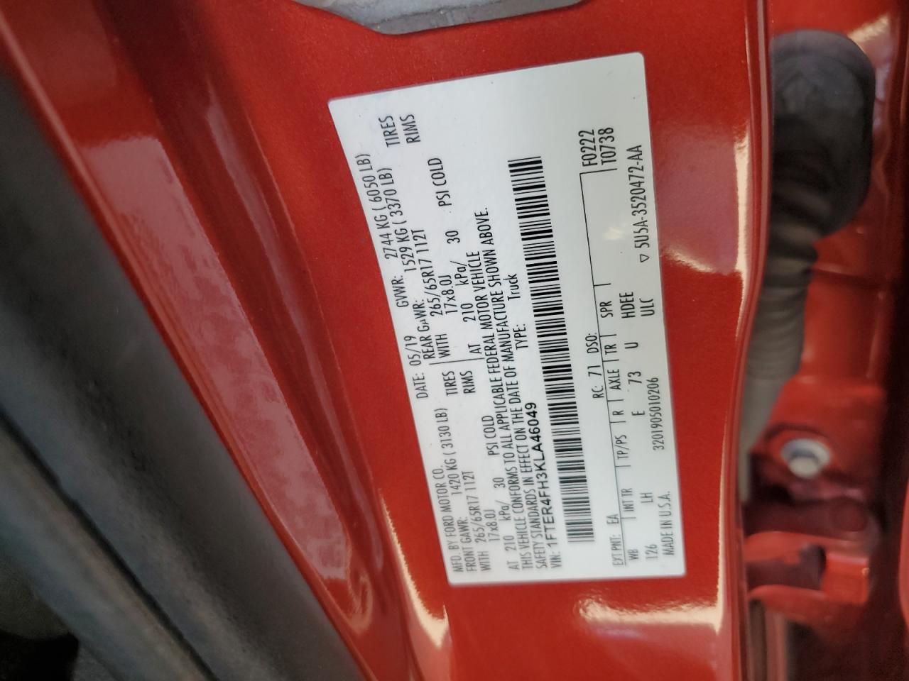 2019 Ford Ranger Xl VIN: 1FTER4FH3KLA46049 Lot: 62126135