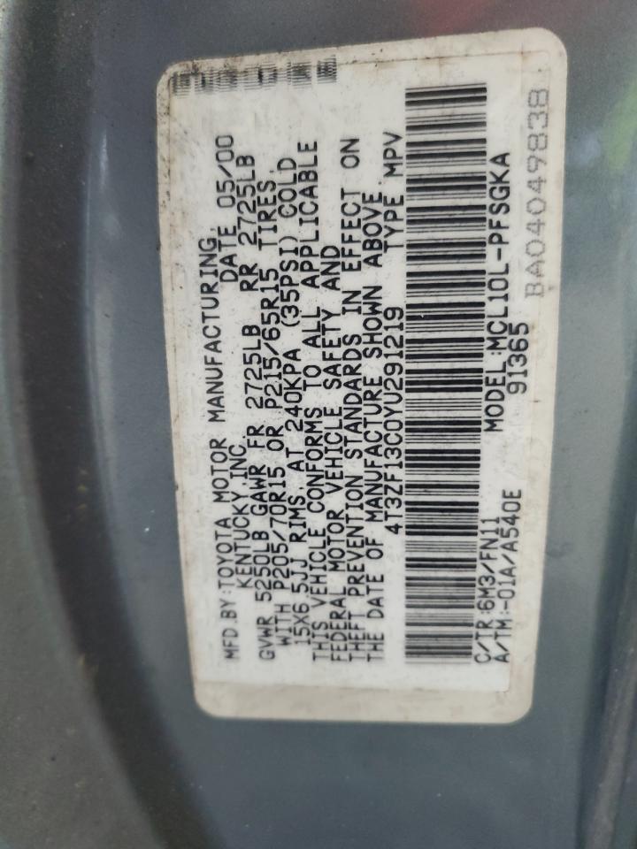 2000 Toyota Sienna Le VIN: 4T3ZF13C0YU291219 Lot: 62266815