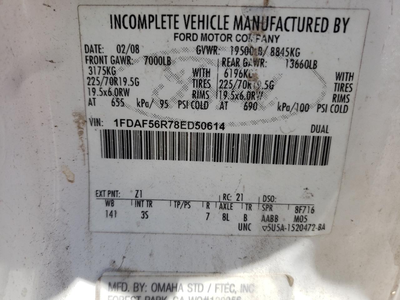 2008 Ford F550 Super Duty VIN: 1FDAF56R78ED50614 Lot: 61979175