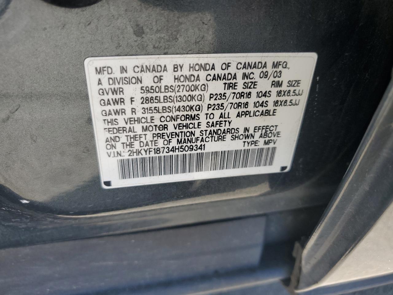 2004 Honda Pilot Exl VIN: 2HKYF18734H509341 Lot: 62646105