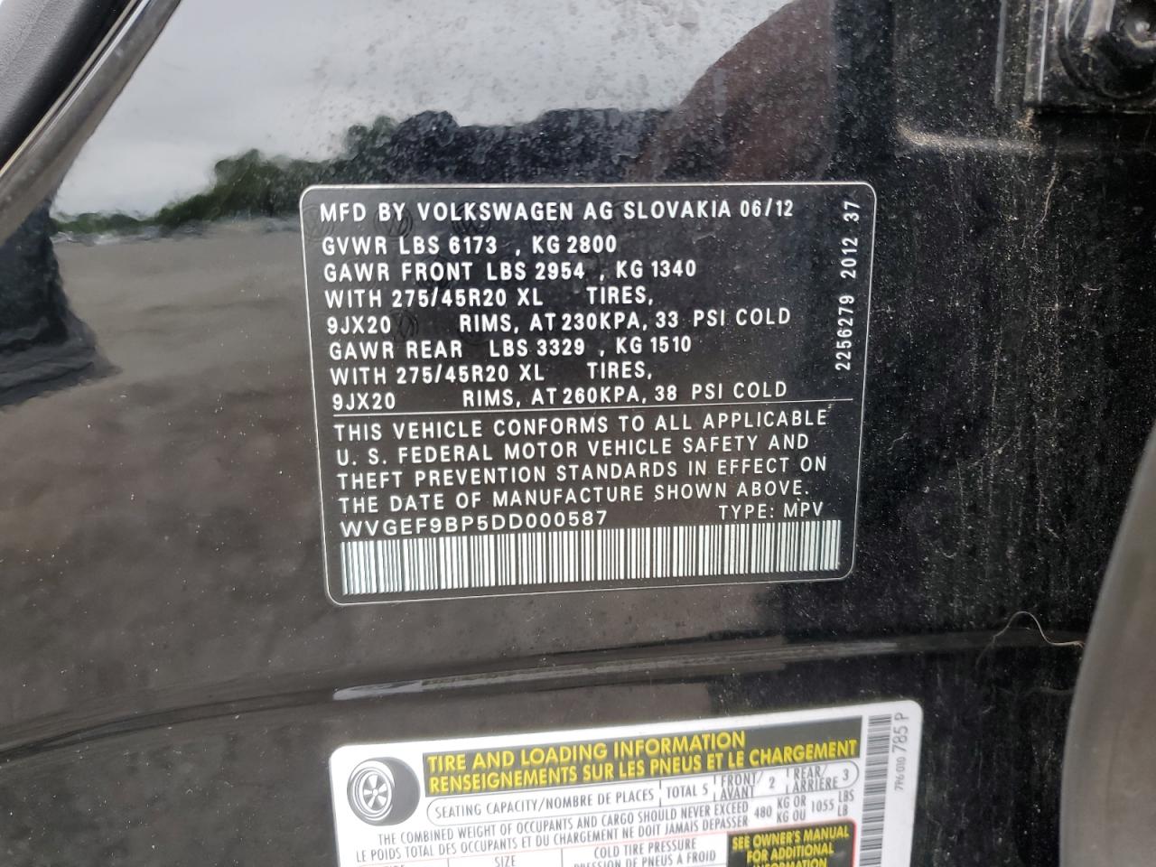 2013 Volkswagen Touareg V6 VIN: WVGEF9BP5DD000587 Lot: 62631575