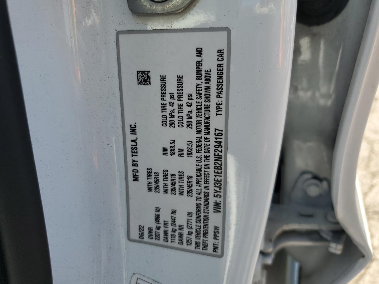2022 Tesla Model 3 VIN: 5YJ3E1EB2NF294167 Lot: 61673825