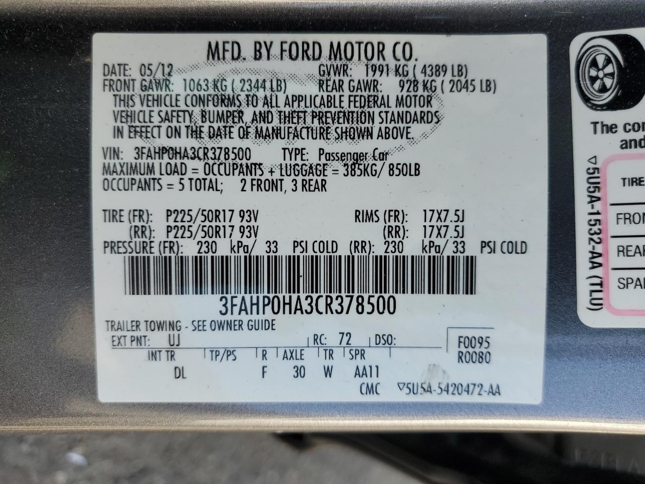 FORD FUSION 2012 VIN 3FAHP0HA3CR378500 zdjęcie 12