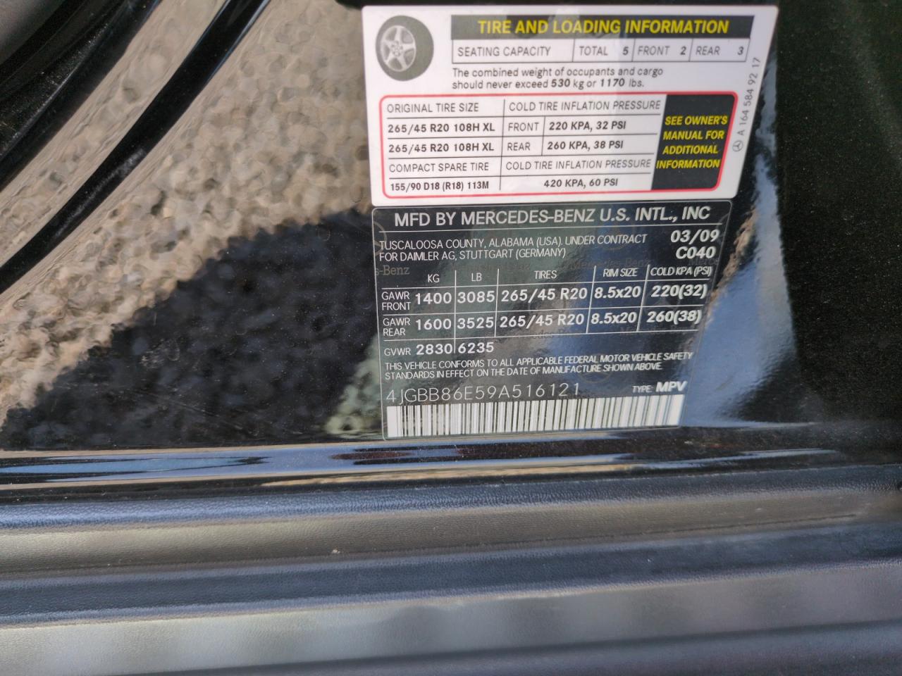 2009 Mercedes-Benz Ml 350 VIN: 4JGBB86E59A516121 Lot: 62303435
