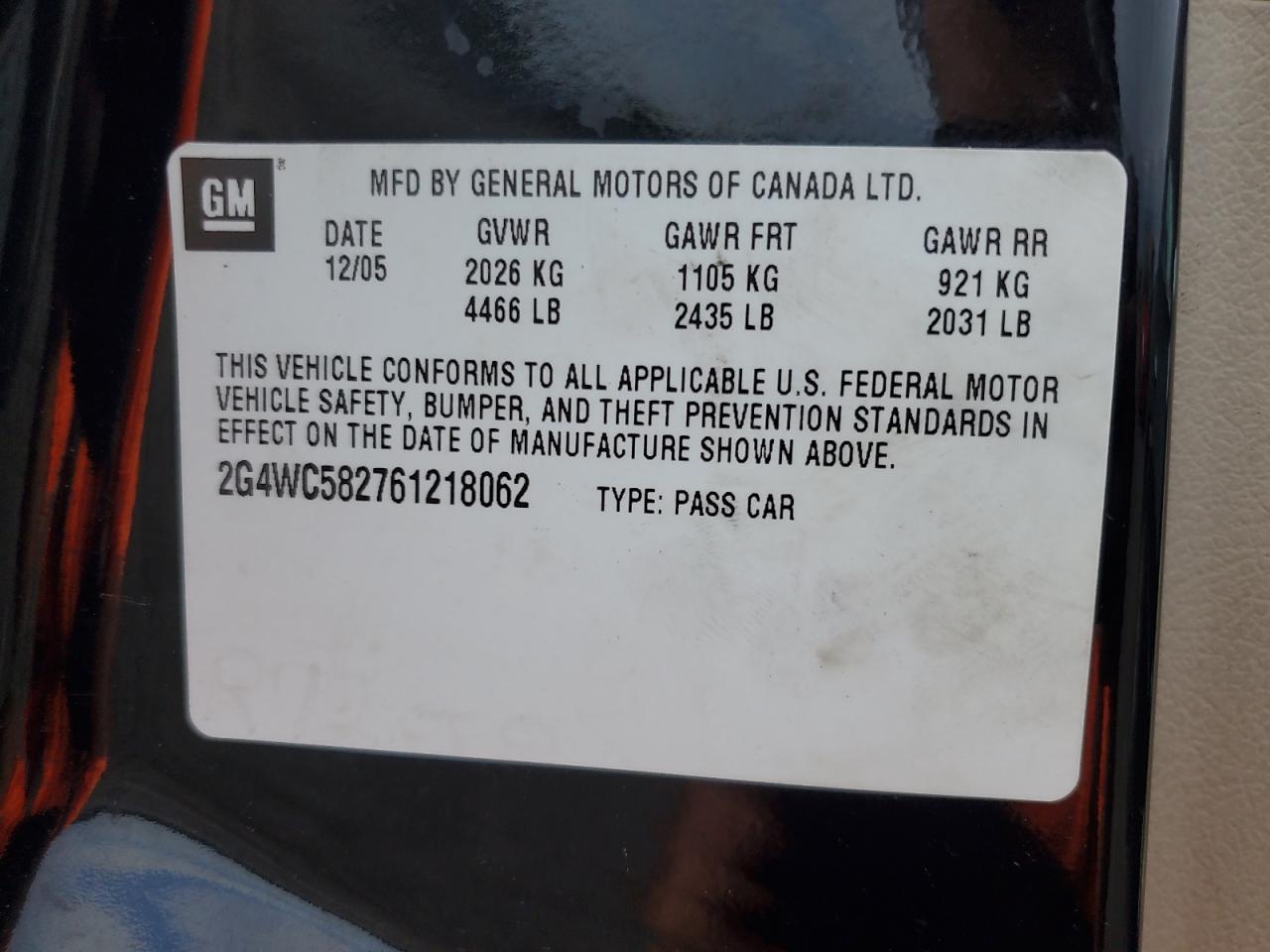 2006 Buick Lacrosse Cx VIN: 2G4WC582761218062 Lot: 61191475