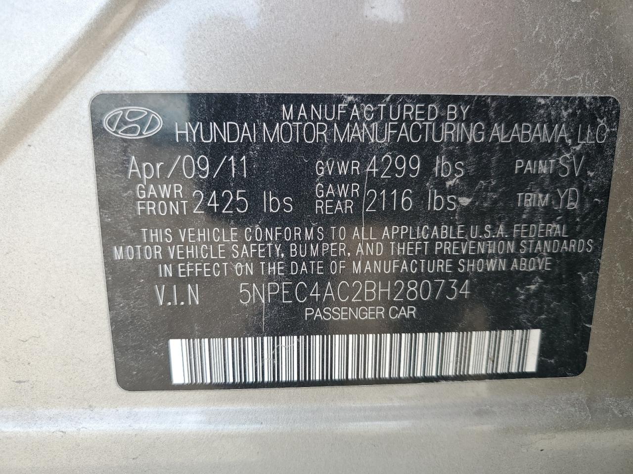 HYUNDAI SONATA 2011 VIN 5NPEC4AC2BH280734 фото 13