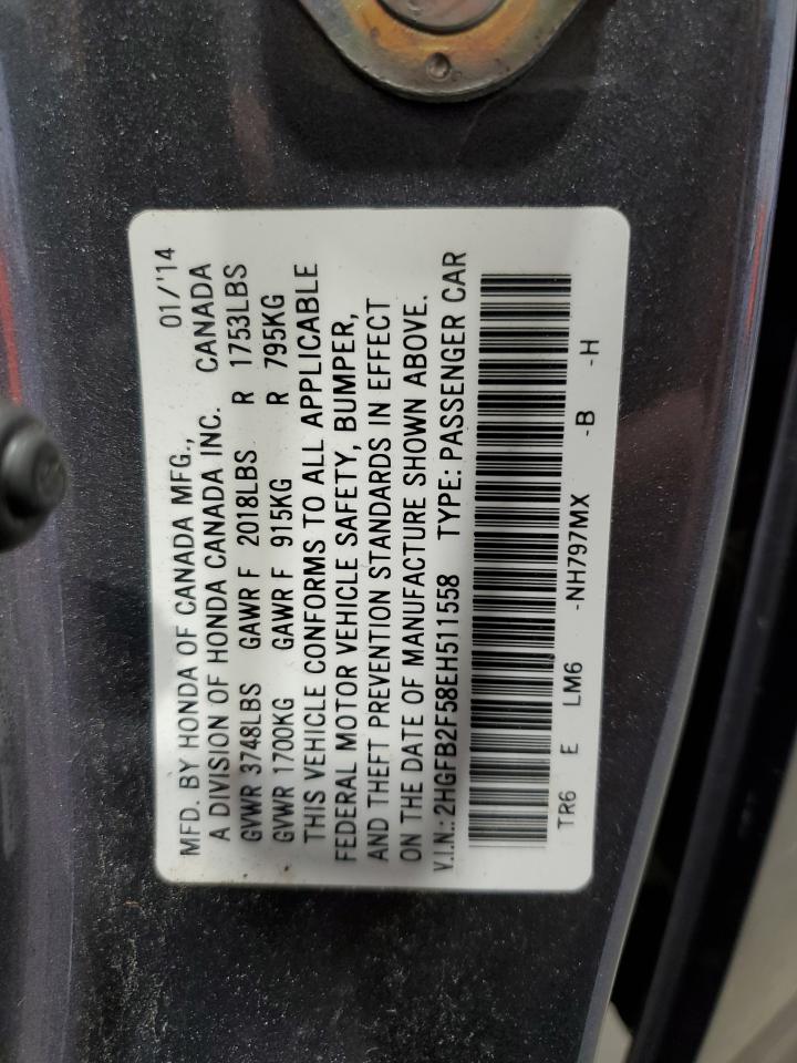 2014 Honda Civic Lx VIN: 2HGFB2F58EH511558 Lot: 58885455