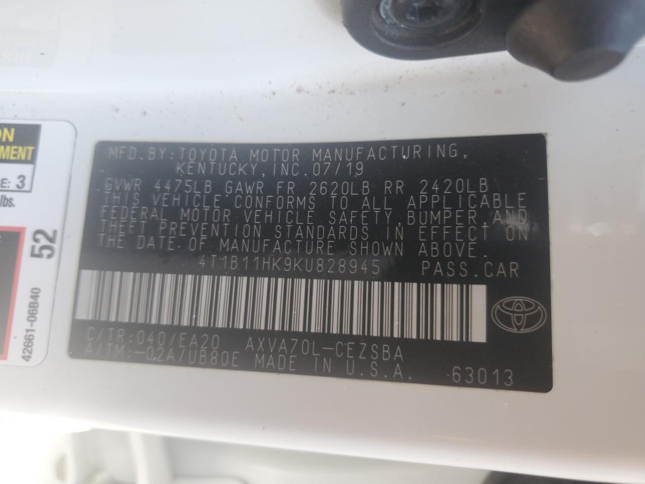 2019 Toyota Camry L VIN: 4T1B11HK9KU828945 Lot: 62388185