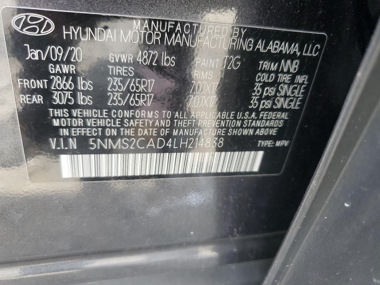 2020 Hyundai Santa Fe Se VIN: 5NMS2CAD4LH214838 Lot: 58721995