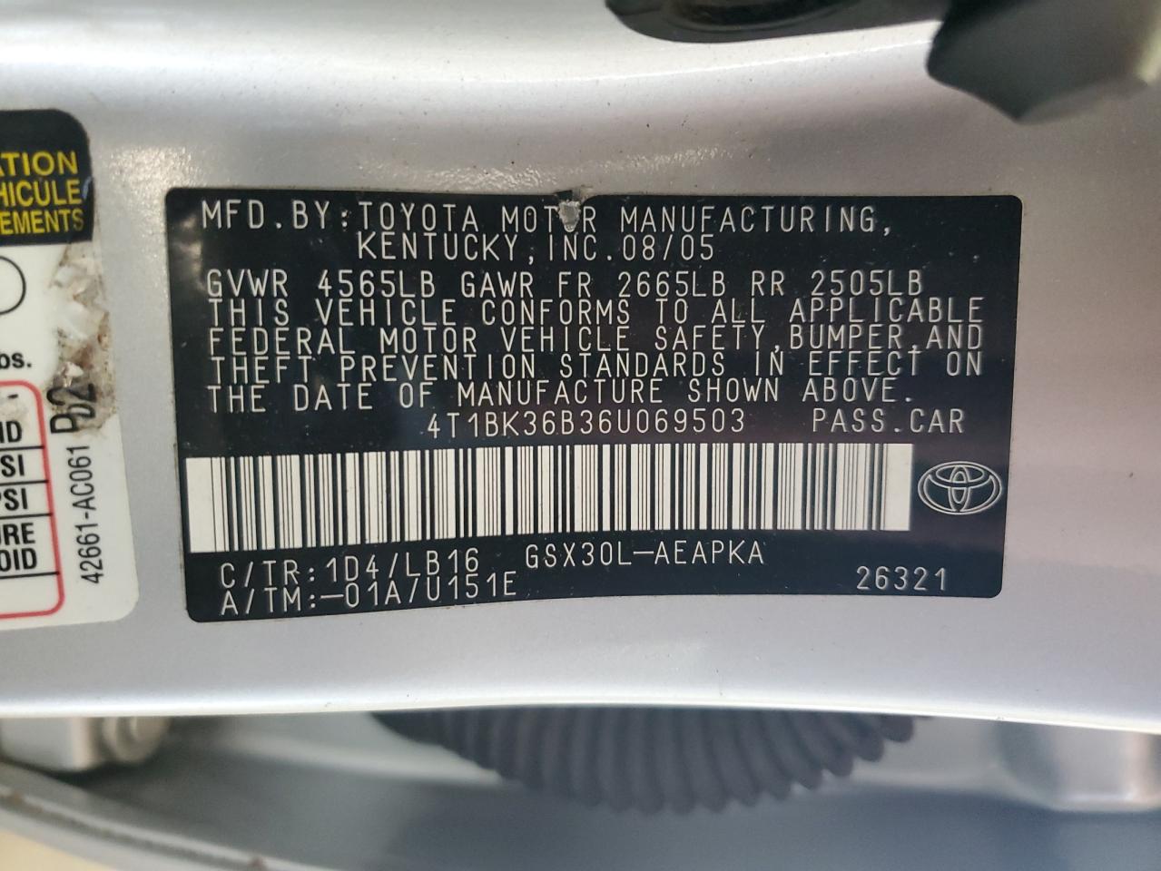 2006 Toyota Avalon Xl VIN: 4T1BK36B36U069503 Lot: 61956455