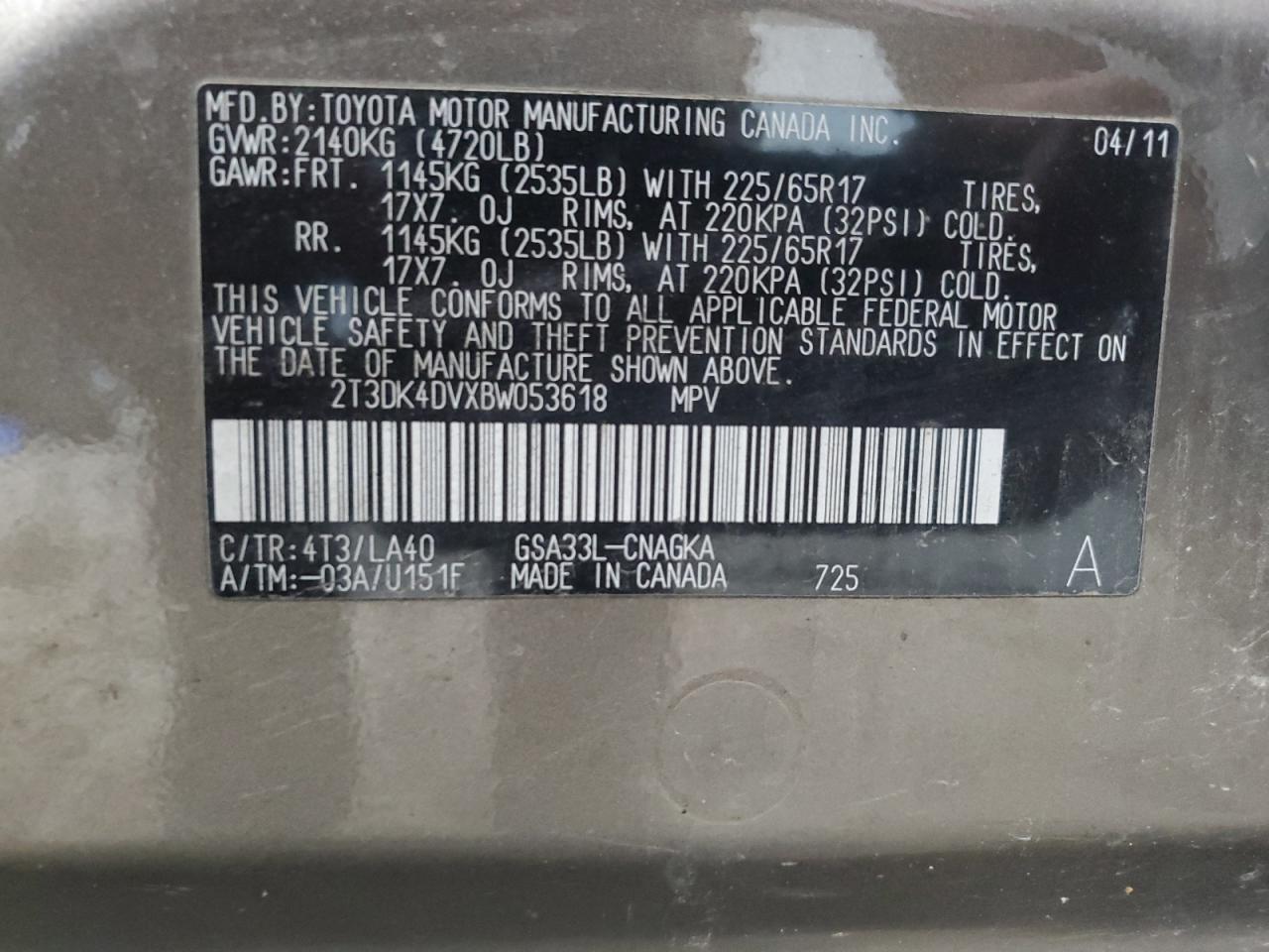 TOYOTA RAV4 2011 VIN 2T3DK4DVXBW053618 фото 13