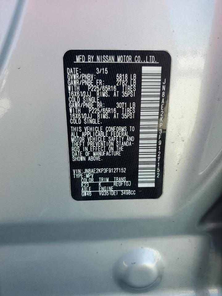 2015 Nissan Quest S VIN: JN8AE2KP3F9127152 Lot: 62454295