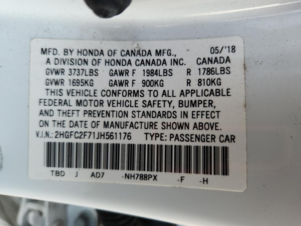2018 Honda Civic Ex VIN: 2HGFC2F71JH561176 Lot: 62419355