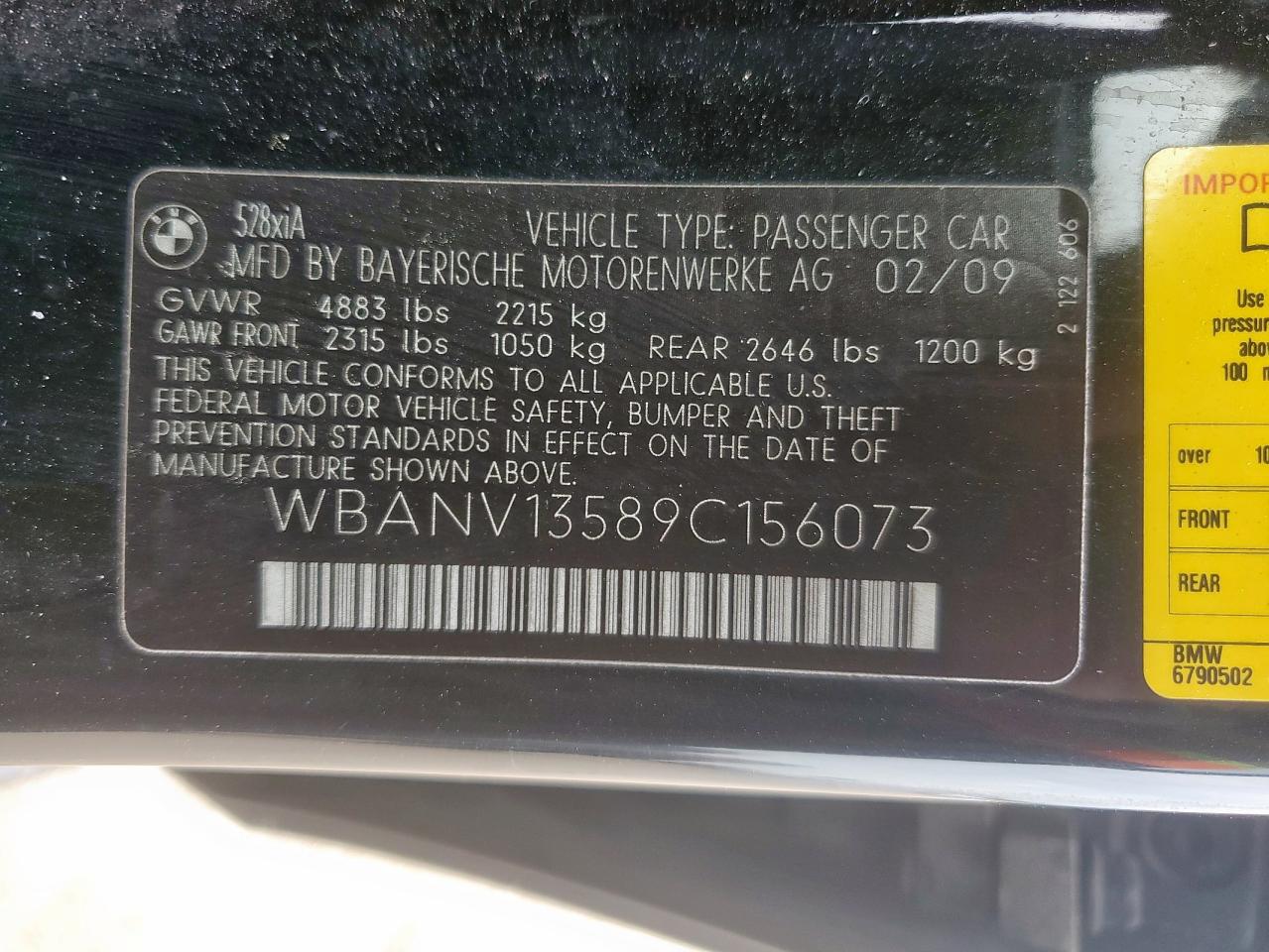 2009 BMW 528 Xi VIN: WBANV13589C156073 Lot: 62993865