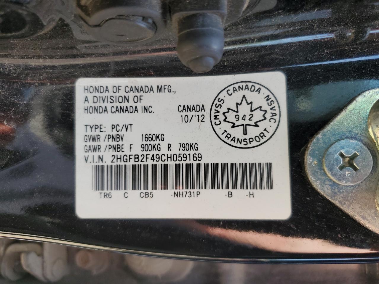 2012 Honda Civic Lx VIN: 2HGFB2F49CH059169 Lot: 61617145