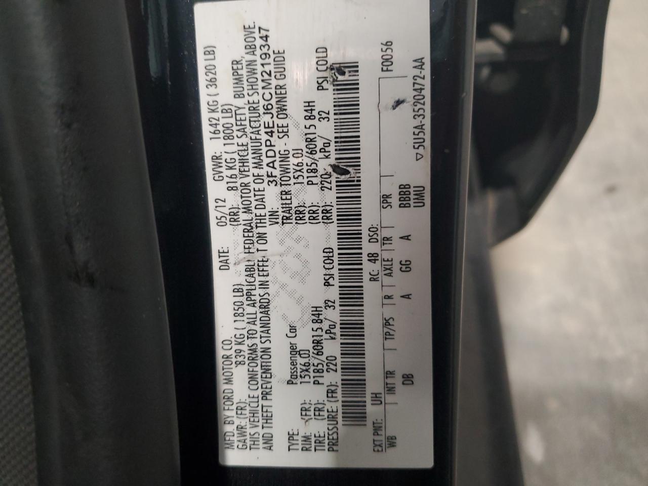 2012 Ford Fiesta Se VIN: 3FADP4EJ6CM219347 Lot: 62545125