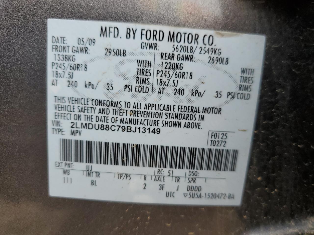 2009 Lincoln Mkx VIN: 2LMDU88C79BJ13149 Lot: 61056725