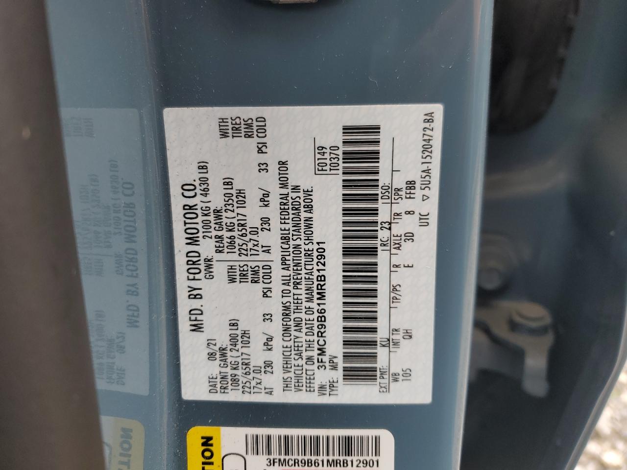 2021 Ford Bronco Sport Big Bend VIN: 3FMCR9B61MRB12901 Lot: 61222385