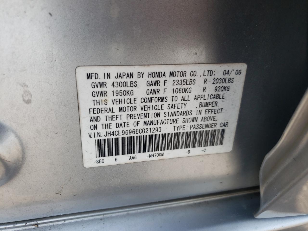 2006 Acura Tsx VIN: JH4CL96966C021293 Lot: 61754325